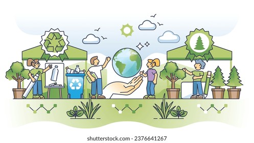 Eco awareness initiatives with environmental society care outline concept. Effective waste management for smart resource usage vector illustration. Forest planting for green and ecological future.