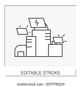  Eco awareness line icon. Renewable energy. Conversion of power from sunlight into electricity. Solar battery. Green city concept Isolated vector illustration. Editable stroke