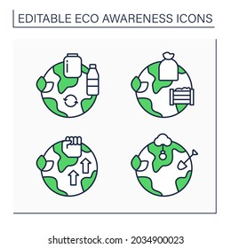 Eco awareness line icons set. Composting, reforestation, eco-activism, reusable products. Ecology concept. Isolated vector illustrations. Editable stroke
