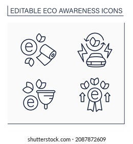 Eco awareness line icons set. Electric car. Ecological award. Toilet paper and menstrual cup. Ecology concept. Isolated vector illustrations. Editable stroke svg