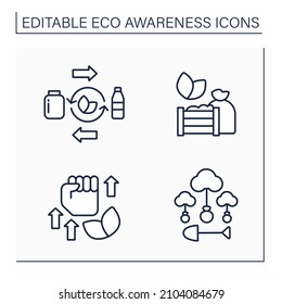Eco awareness line icons set. Reusable tableware, compost, activism, forests regrowing. Ecology concept. Isolated vector illustrations. Editable stroke