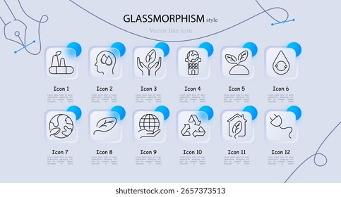 Eco awareness set icon. Includes plant, earth, leaf, globe, recycle, plug, nature, and sustainability elements in clear minimal linear glassmorphism vector style
