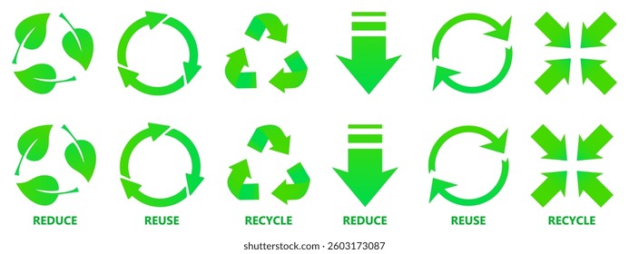 Eco awareness set icon. Reduce, reuse, recycle arrows and symbols emphasize responsibility and waste management.