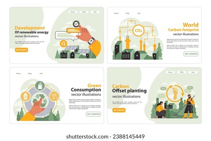Eco awareness set. Progressive steps in renewable energy and reducing carbon footprints. Responsible green consumption, positive environmental impact. Collaboration in eco friendly initiatives