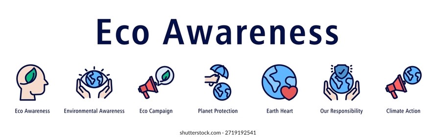Ilustración vectorial de íconos de Anuncio de Web de Conciencia Ecológica con íconos de Conciencia Ecológica, Conciencia Ambiental, Campaña Ecológica, Protección del Planeta, Corazón Terrestre, Nuestra Responsabilidad y Acción Climática.