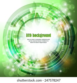 Eco background with circle, lights and leaves. Place for your text. Vector illustration for your design.