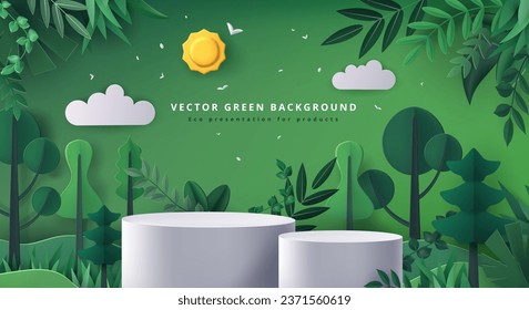 Eco-Hintergrund. Produktpodium. 3D leerer Fußboden. Baumgarten. Zylinderplattform. Banner mit sommerlichen Waldpflanzenblättern recyceln. Natürliche kosmetische Darstellung. Vectorexakte Bühnengestaltung