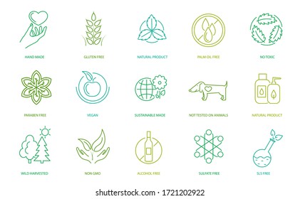 Eco Badge Sign Contour Linear Icon Set Include Of Natural Product, Vegan And Handmade. Vector Illustration Of Icons