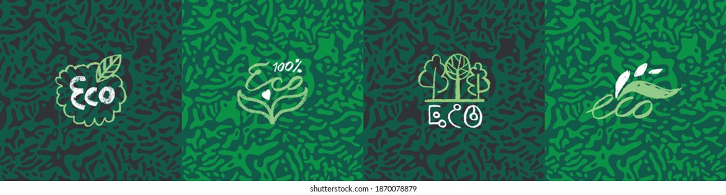 Eco badges set in vector hand-drawn style. Hand lettering collection of Green Thinking symbols. Ecology icon set on abstract nature pattern. Eco-friendly emblem for environment concept. Sign design