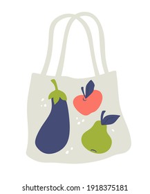 Eco bag. Apple, pear and eggplant print on the bag. Textile bag for eco-friendly shopping, fruit and vegetable shopping. Vector illustration.