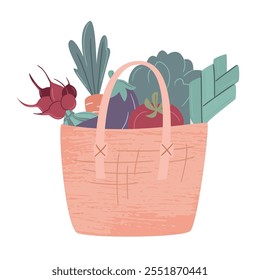 Bolsa ecológica o cesta llena de verduras. Algodón eco shoppers, concepto de desperdicio cero, mercado bio, artículos reutilizables. Pedido de comestibles, mercado agrícola local. Ilustración vectorial