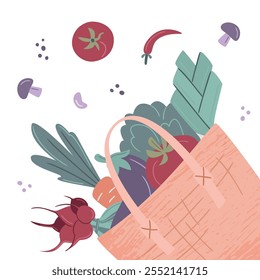 Bolsa ecológica o cesta llena de verduras, plana, vista superior. Algodón eco shoppers, concepto de desperdicio cero, mercado bio, artículos reutilizables. Pedido de comestibles, mercado agrícola local. Ilustración vectorial