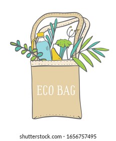 Eco bag with bottle, food and plants. Hand drawn vector sketch color illustration 