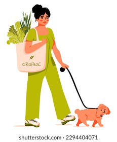 Eco bag. Ecology. Young woman holding a reusable grocery bag and walking with pet. Be green. Concept of environmental conservation, save the planet. Vector illustration