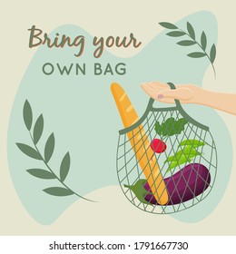 Eco bag with element bring your own bag, with fruits and vegetables. Zero waste food concept, vector cartoon illustration.