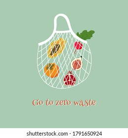Eco bag with element go to zero waste, with fruits and vegetables. Food concept, vector cartoon illustration.