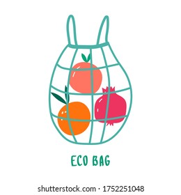 Bolsa ecológica. Ilustración vectorial plana para impresión o afiche. Vayan verdes, no hay plástico, salven el planeta. Bolsa de compras textil reutilizable con frutas.