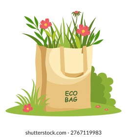 Eco bag with flowers in flat style on a white background, symbolizing nature care and sustainability. Vector illustration
