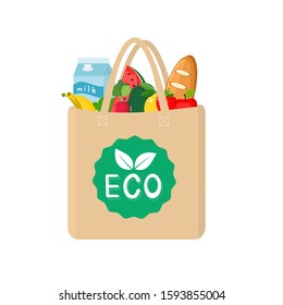 Eco bag with food isolated on white background vector illustration.  Zero Waste concept. 