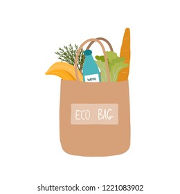 Eco bag with foods.  Vector hand drawn illustration.