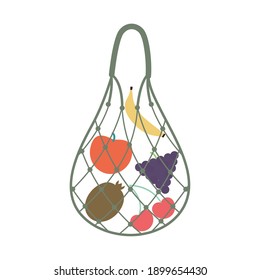 eco bag with a fruits inside of it and dark green color vector illustration design