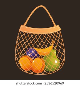 Bolsa ecológica llena de frutas concepto de comestibles. Ilustración de Diseño gráfico plano de Vector