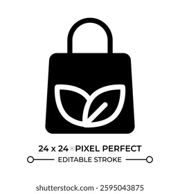 Eco bag glyph ui icon. Tote shopper with leaves print. Environmental friendly fashion. Minimalist accessory. Black solid silhouette symbol vector. User interface element isolated, pixel perfect