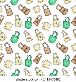 Eco Bag or Go Green Bag Seamless Pattern With Colored Doodle Style on White Background