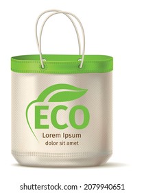 Eco bag with green leaf print. Reusable cotton handbag mockup