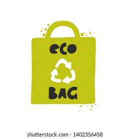 Eco bag. Hand drawn vector illustration. Logo, icon, label. Pollution problem concept. Protest against plastic garbage, disposable polythene package.