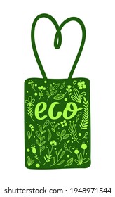 Eco bag. Hand drawn vector in doodle style. Green flowers and plants.