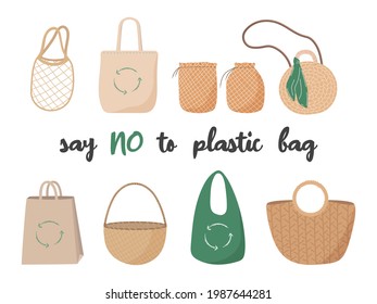 Eco bag hand drawn vector illustration. Say no to plastic. Zero waste concept. Doodle elements of reusable shopping bags. Save Earth, go green