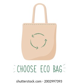 Eco bag hand drawn vector illustration. Say no to plastic. Zero waste concept. Doodle element of reusable shopping bag. Save Earth, go green