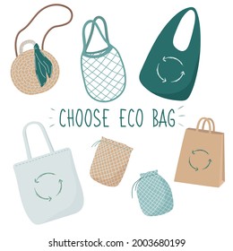 Eco bag hand drawn vector illustration. Say no to plastic. Zero waste concept. Doodle elements of reusable shopping bags. Save Earth, go green