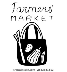 Eco bag with healthy vegetables: lettuce, potato, cucumber, pumpkin. Logo or print for a farm shop, market, farm