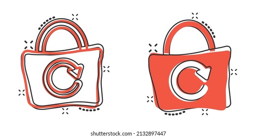 Eco bag icon in comic style. Ecobag cartoon vector illustration on white isolated background. Reusable shopper splash effect sign business concept.