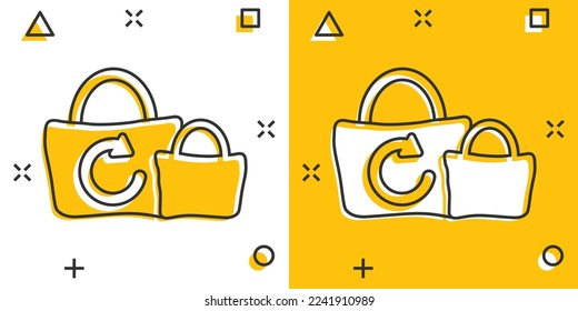 Eco bag icon in comic style. Ecobag cartoon vector illustration on white isolated background. Reusable shopper splash effect sign business concept.