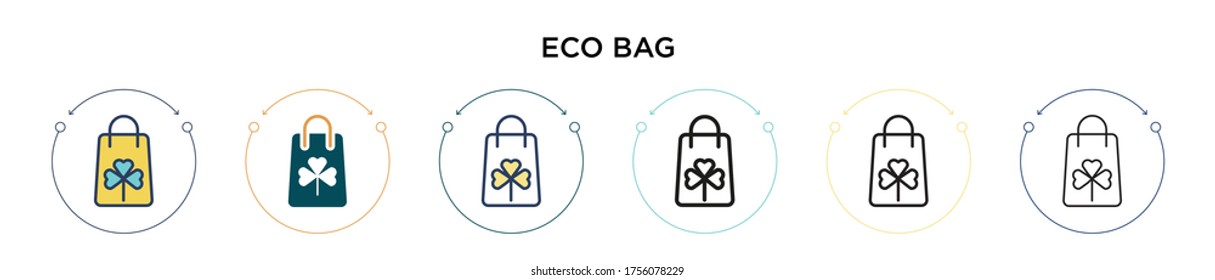 Icono de la bolsa ecológica en el estilo relleno, delgado, contorno y trazo. Ilustración vectorial de dos diseños de iconos vectoriales de bolsas ecológicas de color y negro se pueden utilizar para móviles, ui, web