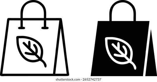 Eco Bag Icon Set – Black and White Vector Shopping Bag with Leaf Symbol for Green and Sustainable Design