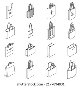 Eco bag icons set. Isometric set of eco bag vector icons thin line outline on white isolated