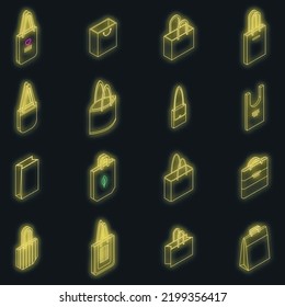 Eco bag icons set. Isometric set of eco bag vector icons neon color on black