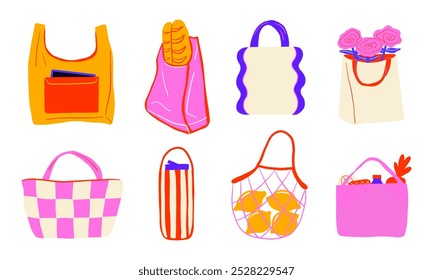 Eco Bag Illustration Collection. A vibrant collection of 8 eco-friendly bag illustrations, promoting sustainability and reusable shopping habits. Ideal for eco-conscious designs