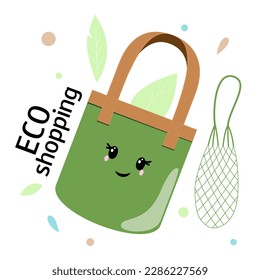 Eco bag with leaves. Cute shopping tote bag character. Eco shopping. Educational material for kids. Vector cartoon illustration.