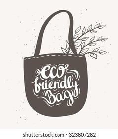 Eco bag with leaves. Hipster Vintage Stylized Lettering. Vector Illustration