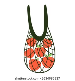 Eco bag mesh string bag with  apples. Reusable fabric, mesh, for grocery and food market. Zero waste, plastic-free concept.