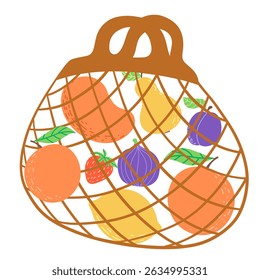 Eco bag mesh string bag with  fruits. Reusable fabric, mesh, for grocery and food market. Zero waste, plastic-free concept.