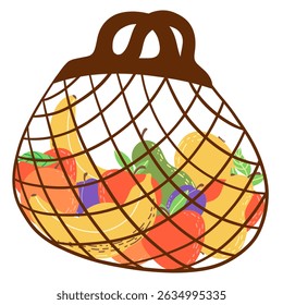 Eco bag mesh string bag with  fruits. Reusable fabric, mesh, for grocery and food market. Zero waste, plastic-free concept.