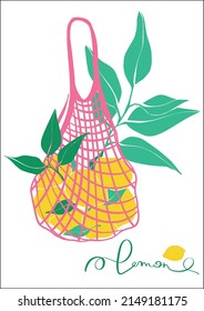 Eco bag mesh string bag with lemons and leaves. Reusable shopping bag. Zero waste, no plastic concept. Fruit from the local market. Fashion color vector illustration. Cartoon style.    Vector flat.