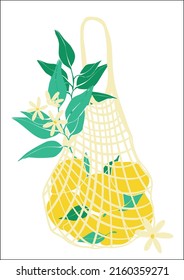 Eco bag mesh string bag with lemons and leaves. Reusable shopping bag. Zero waste, no plastic concept. Fruit from the local market. Fashion color vector illustration. Cartoon style.    Vector flat.