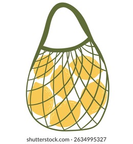 Eco bag mesh string bag lemons. Reusable fabric, mesh, for grocery and food market. Zero waste, plastic-free concept.
